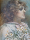 Panneau aquarelle L.M chasseur portrait femme symboliste Sarah Bernhardt marguerites