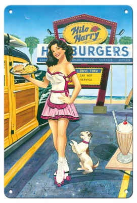 Pin-up on Retro Woodie Scott Westmoreland Metal Tin Sign Art Big Kahuna Bebe