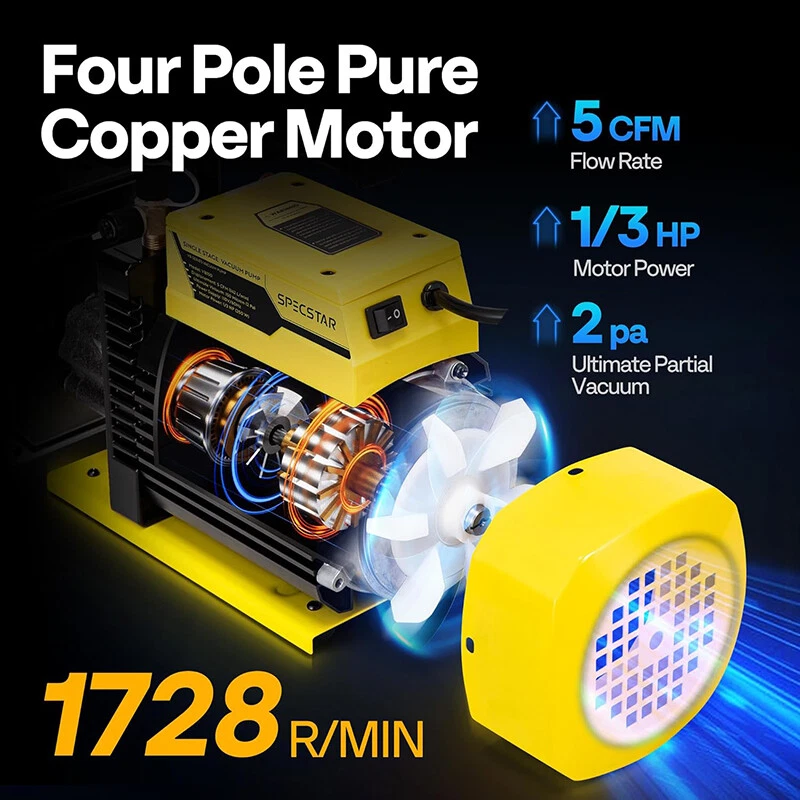 Bomba de vacío de aire 1/3 HP 5 CFM y juego de manómetros de 4 vías kit de refrigerante de aire acondicionado HVAC Foto 3 de 4
