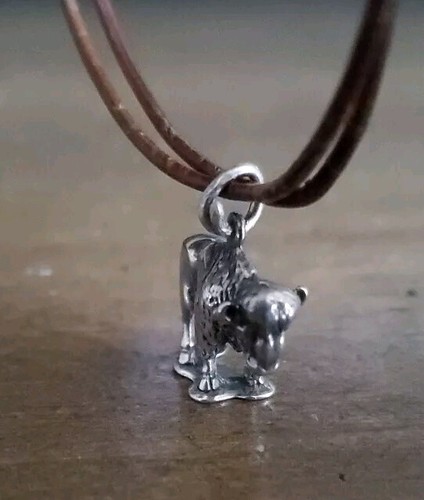 Vintage 925 Sterlingsilber 3D schwerer Büffel Anhänger Leder Halskette Büffelknopf - Bild 10 von 17