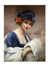 Victorian Trading Young Girl with Fur Muff Winter Woman in Blue Velvet Print PB8