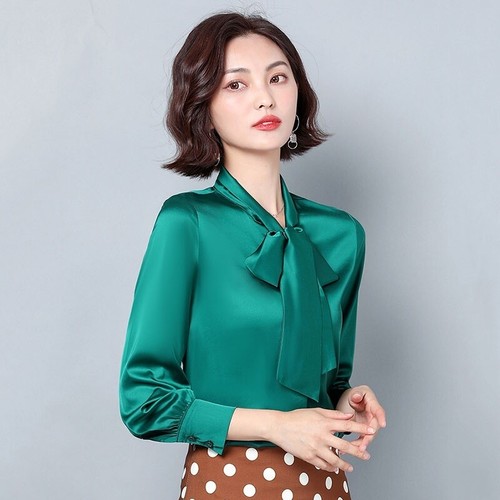 Camicetta donna finta seta fiocco camicia top raso formale business sciolta casual glitter - Foto 19 di 19