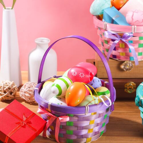 Yulejo Easter Woven Bamboo Basket Round Small Woven Basket with Handle Bucket... - Picture 4 of 7