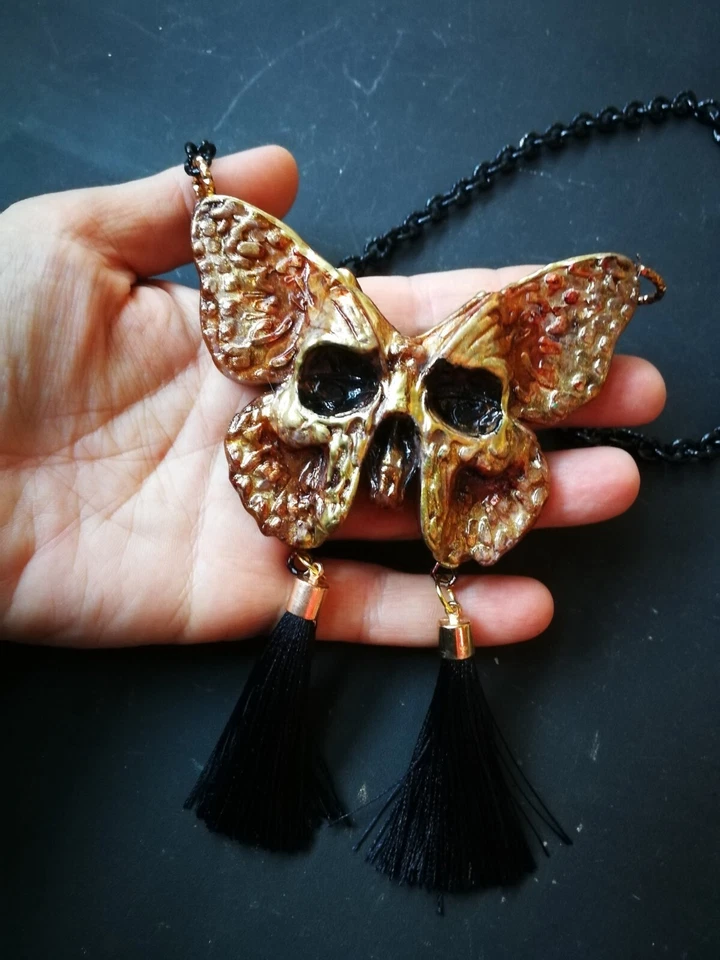 Art Deco Nouveau Jewelry Necklace Pendant Retro Butterfly Skull Lunar Moth Luna - Image 3 of 4