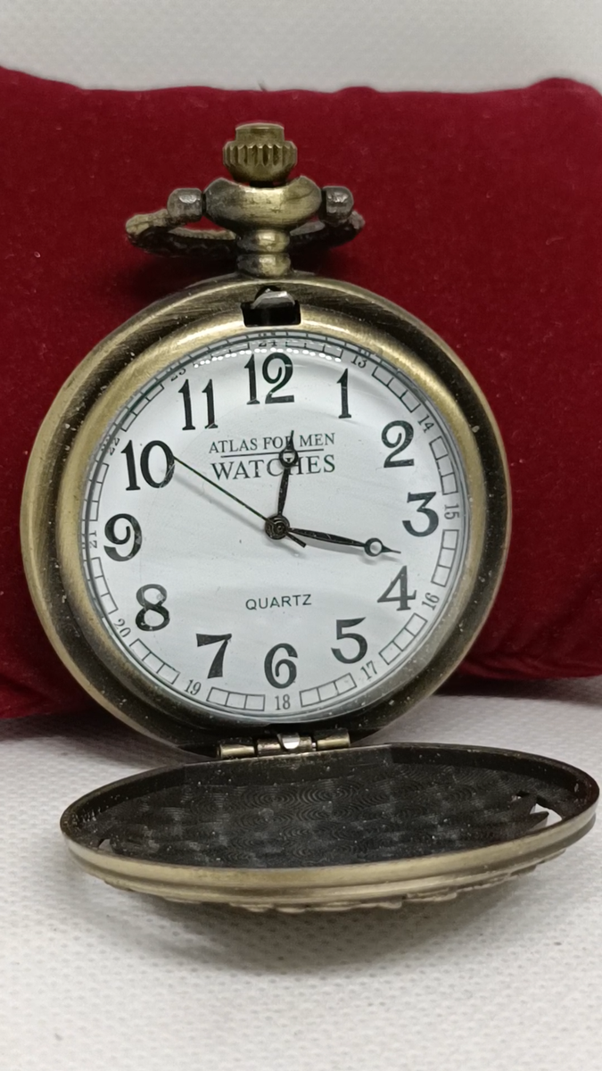 ATLAS FOR MEN Bronze Tone Native American Theme Quartz Pocket Watch  VGC/Working