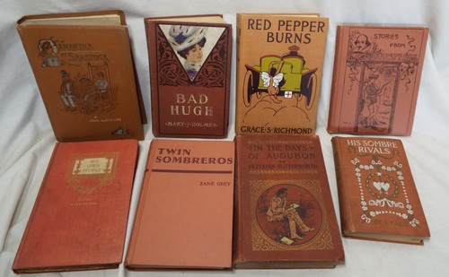 8 ASSORTED VARIETY Old ANTIQUE BOOKS Red Orange Tan Decorative Library Shelf - Imagen 3 de 12