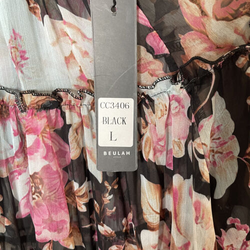 BEULAH NWT Floral Midi Long Sleeve Sheer Dress Ruffled Flowy Size L Black Pink - Picture 5 of 10