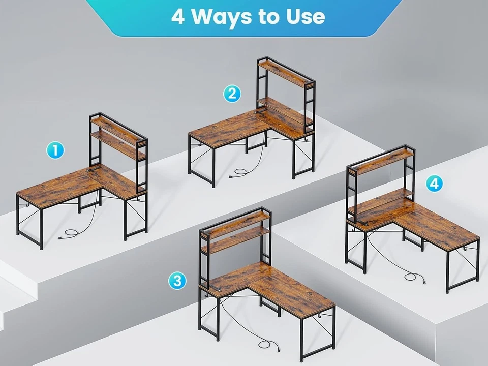 L Shaped Desk with Hutch, LED Light &Storage Shelves Reversible Home Office Desk - Image 2 of 4