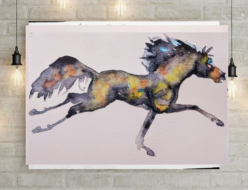 Black Horse running Art watercolor painting signed, stallion, equestrian, equine - Picture 3 of 17