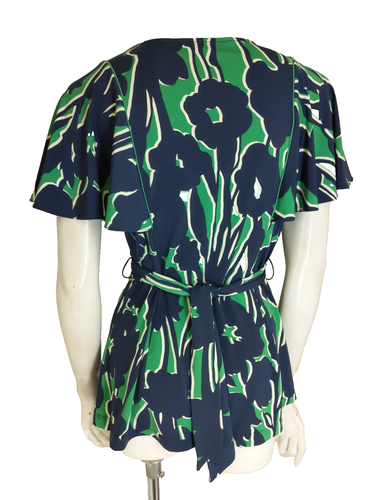 $128 BCBG MaxAzria S Top Kimono Sleeve V-Neck Stretch Jersey Floral Blue/Green - Picture 3 of 7