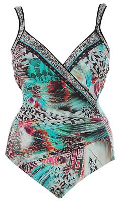 Class International Damen Bauchweg Badeanzug Wickel Optik Bunt 40 Cup D J1722