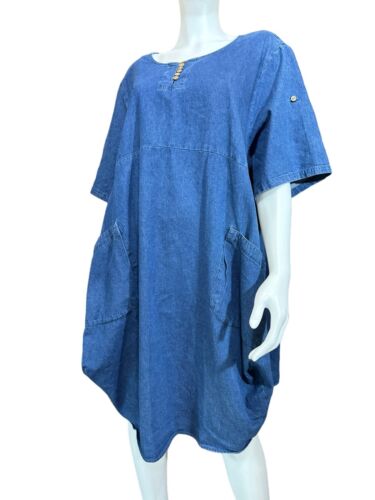 Denim Dress XXL Medium Blue Jean Midi Artsy Parachute Bubble Hem Pullover 2XL 2X - Picture 4 of 8