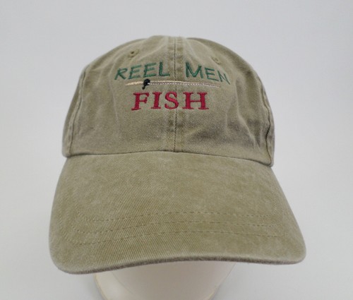 Reel Men Fish Hat Cap Fishing Rod Reel Leather Strapback Adjustable Khaki Green - Picture 2 of 6