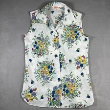 Vintage Laura Mae Blouse Womens Large White Floral Sleevless Shirt Button Up