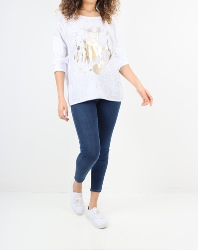 Womens Italian Cotton Viscose Foil Floral Animal Print Turnup Sleeve Jersey Top - Picture 42 of 42