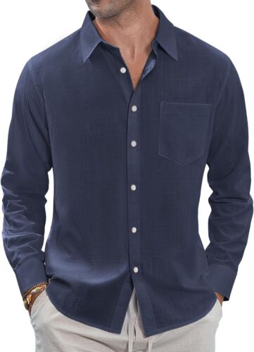 Linen Button Down Shirt for Men - Summer Casual Long Sleeve with Chest Pocket - Picture 44 of 50