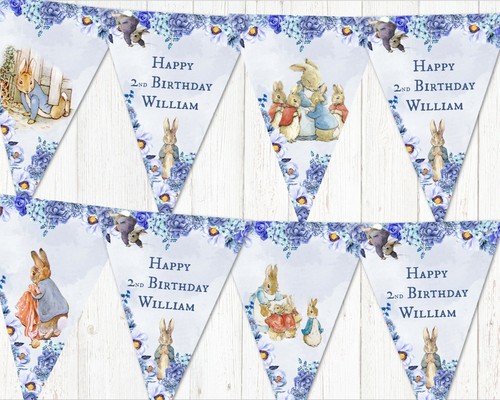 3m Personalised Blue Rabbit Bunting - Birthday, Christening, Baby Shower, Party - Picture 2 of 3