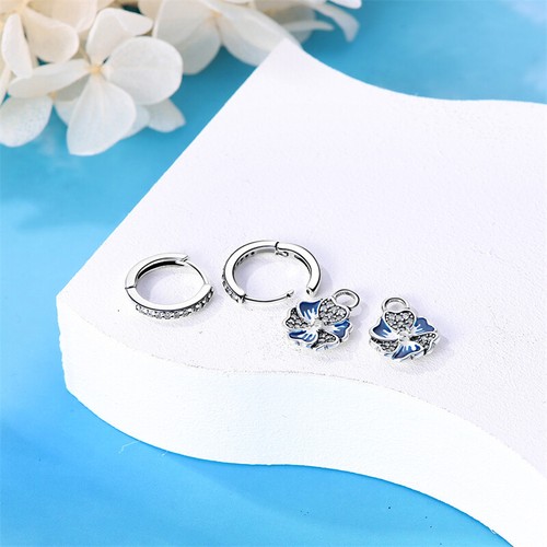 KUNSIR Sterling Silver Blue Flower Drop Dangle Hoop Earrings Petite Boho Women - Picture 3 of 6