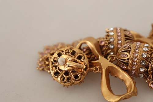 DOLCE & GABBANA Earrings Gold Dangling Crystals Long Clip-On Jewelry - Picture 6 of 11