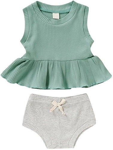 Ruffle Halter Green Tank Top Bowknot Gray Shorts Outfit Set Baby Girls 6-12M - Picture 6 of 6