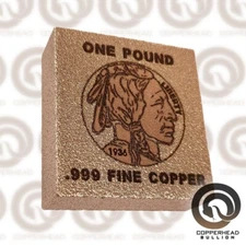 1 Pound lb (16 oz) Square Copper Bullion Bar Indian Buffalo .999 Fine Ingot