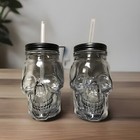 NEW X2 Halloween Skull Sipper 16oz 3D Glass Mason Jars w/Screw-On Straw Lid