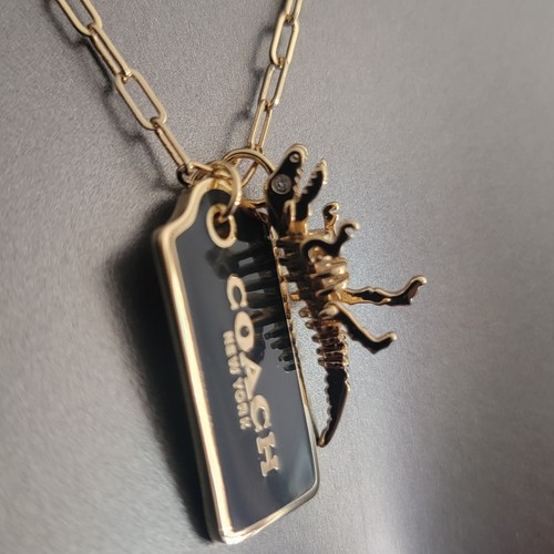 Coach Hangtag Rexy Dinosaur Charm Pendant Necklace Black Gold Tone 422721 - Picture 5 of 10