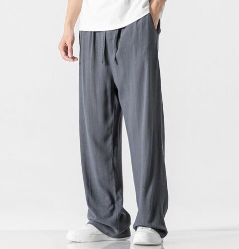 Herren chinesische gerade Freizeithose Sommer breites Bein Baumwolle Leinen Hose Sport - Bild 22 von 22