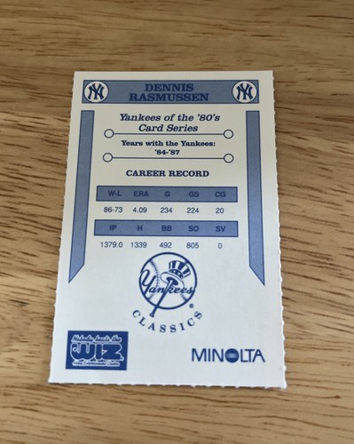 Tarjeta de béisbol promocional wiz sga firmada por Dennis Rasmussen 1992 New York Yankees 1980’s - Imagen 2 de 2