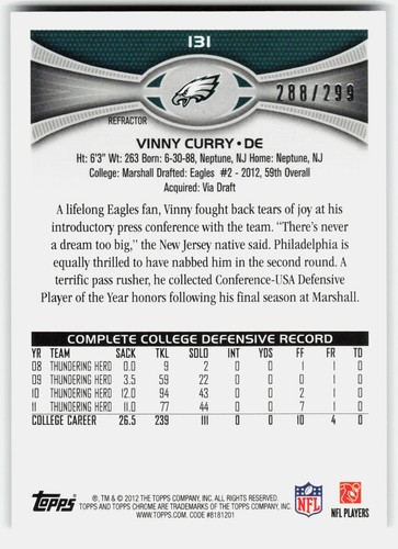 Topps 2012 cromo negro refractors Vinny Curry novato #131 Eagles RC/299 - Imagen 2 de 2