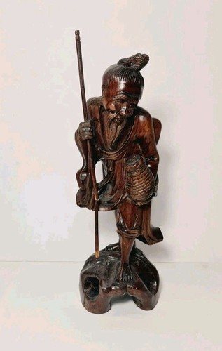 Vintage Asian/Chinese Hand Carved Rosewood Old Man Figurine with Cane & Jug - Picture 11 of 22