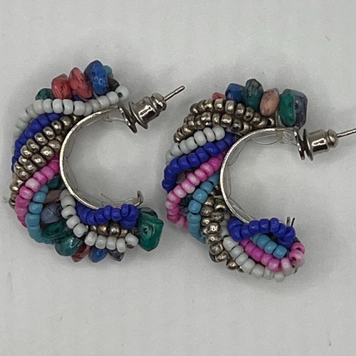Vintage Earrings-Beaded Half Hoop- Turquoise-Coral-Hematite- Twirled Beads - Foto 3 di 5
