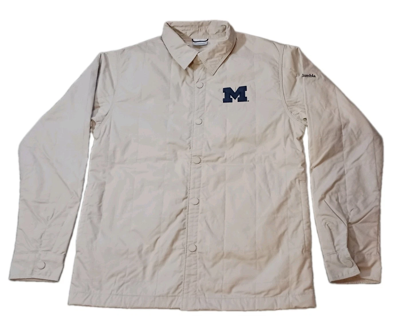 Michigan Wolverines Columbia Quilted Shirt Snap Jacket Tan Mens S Fits M/L NWT image 1