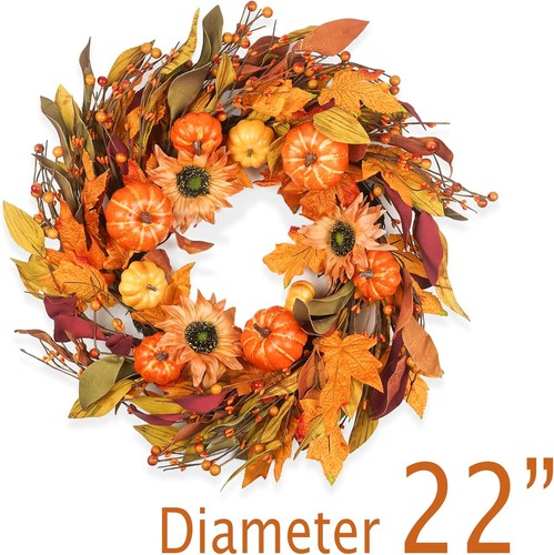 Fall Wreaths for Front Door 22 Inch, Autumn Wreath with Berry Pumpkin, Maple - Bild 3 von 7