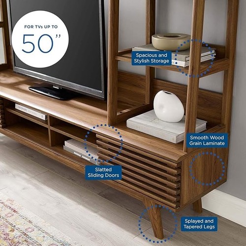 Modway Render Mid-Century Modern TV Stand Entertainment Center, 70", Walnut - Picture 3 of 6