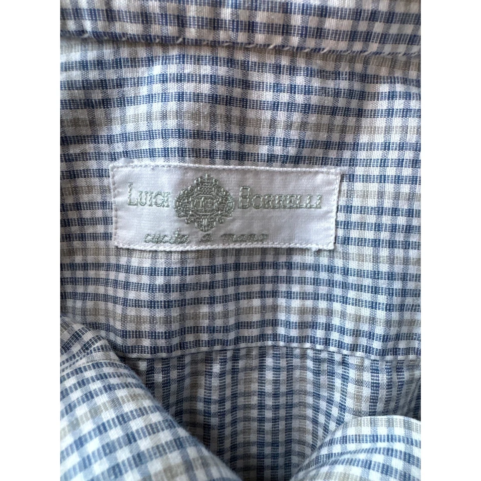 Luigi Borrelli 意大利制造 16.5 100% 棉蓝色和棕褐色格子礼服衬衫 — 第 2/4 张图片