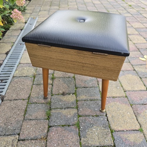 Vintage 60's Sherborne Sewing Box Stool Wood Black Vinyl Retro MCM Dansette Legs - Picture 8 of 21