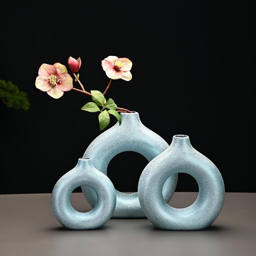 Set of 2 Donut Hollow Ceramic Vase Handmade Minimalist Boho ins Style, Modern... - Picture 6 of 7