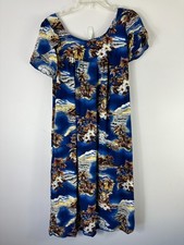 VTG Hilo Hattie Blue Hawaiian Tropical Short Sleeve Midi Dress Women Size Medium