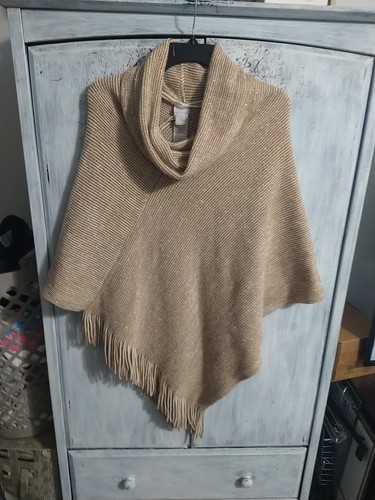 Chicos Fringed Cowl neck Beige Poncho Nwt Boho  - Picture 2 of 11