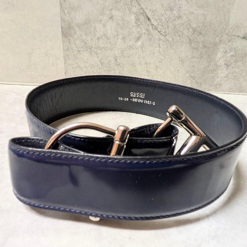 Gucci Cinturón Caballo Bit 037.194.1927 Usado Mujer Italia Vintage Azul Marino Esmalte Cuero - Imagen 13 de 24