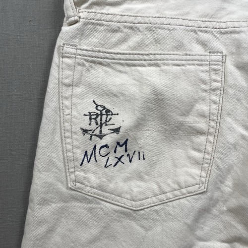 Pantalones de mezclilla rectos ajustados Polo Ralph Lauren Varick para hombre 36x30 estampado de vela de yate usados en excelente estado - Imagen 9 de 22