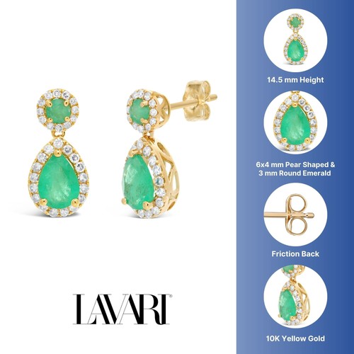 Emerald Pear & Round Earrings with Diamond Accent in Yellow Gold - Picture 2 of 8