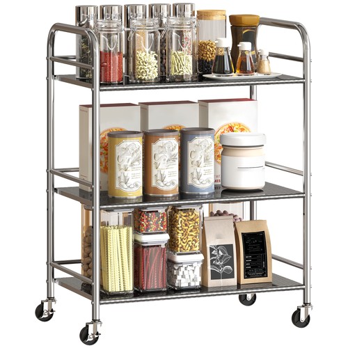 HOMCOM 3 Tier Kitchen Trolley on Wheels Serving Cart with Handles Silver - Picture 1 of 11