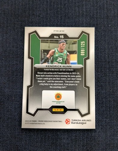 Kendrick Nunn 2023-24 Panini Prizm EuroLeague Blue Ice /125 - Panathinaikos #15 - Foto 2 di 2