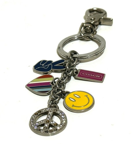 RARE Coach Enamel Mix Charms Legacy Heart, Smiley Face & Peace Sign Bag Keychain - Picture 2 of 5