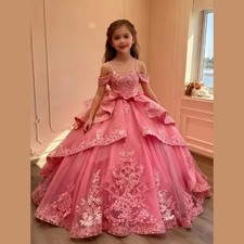 Ruffles Lace Applique Bow Off Shoulder Flower Girl Dress for Girls Pageant Dress