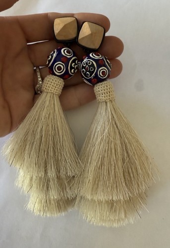 100% Authentic TORY BURCH Wood Ceramic Bead & Tassel Clip on Earrings $179 - Picture 9 of 10