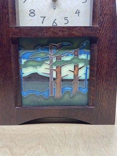 Arts & Crafts SCHLABAUGH & SONS OAK MANTLE CLOCK w/ MOTAWI TILE ART - Picture 2 of 12