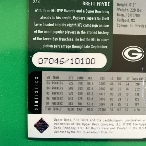 Brett Favre 1998 SPX Finite Card #224 LTD #7046/10100 - Bild 3 von 3